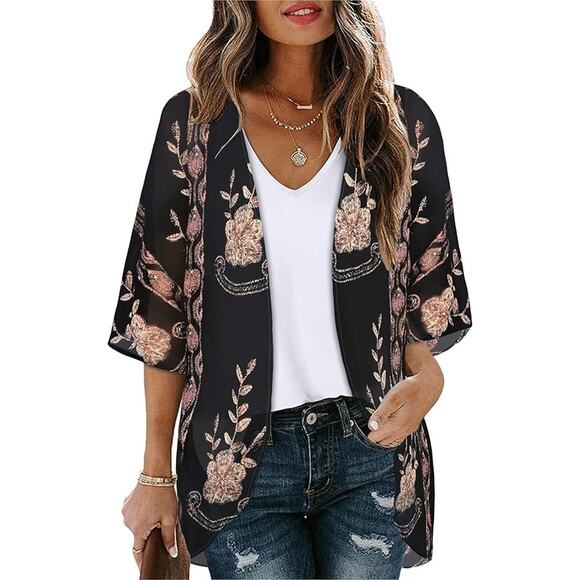 Unbranded Sweaters - NEW Black Gold Women's 3X Floral Print Kimono Cardigan Loose Cover Up Shirt